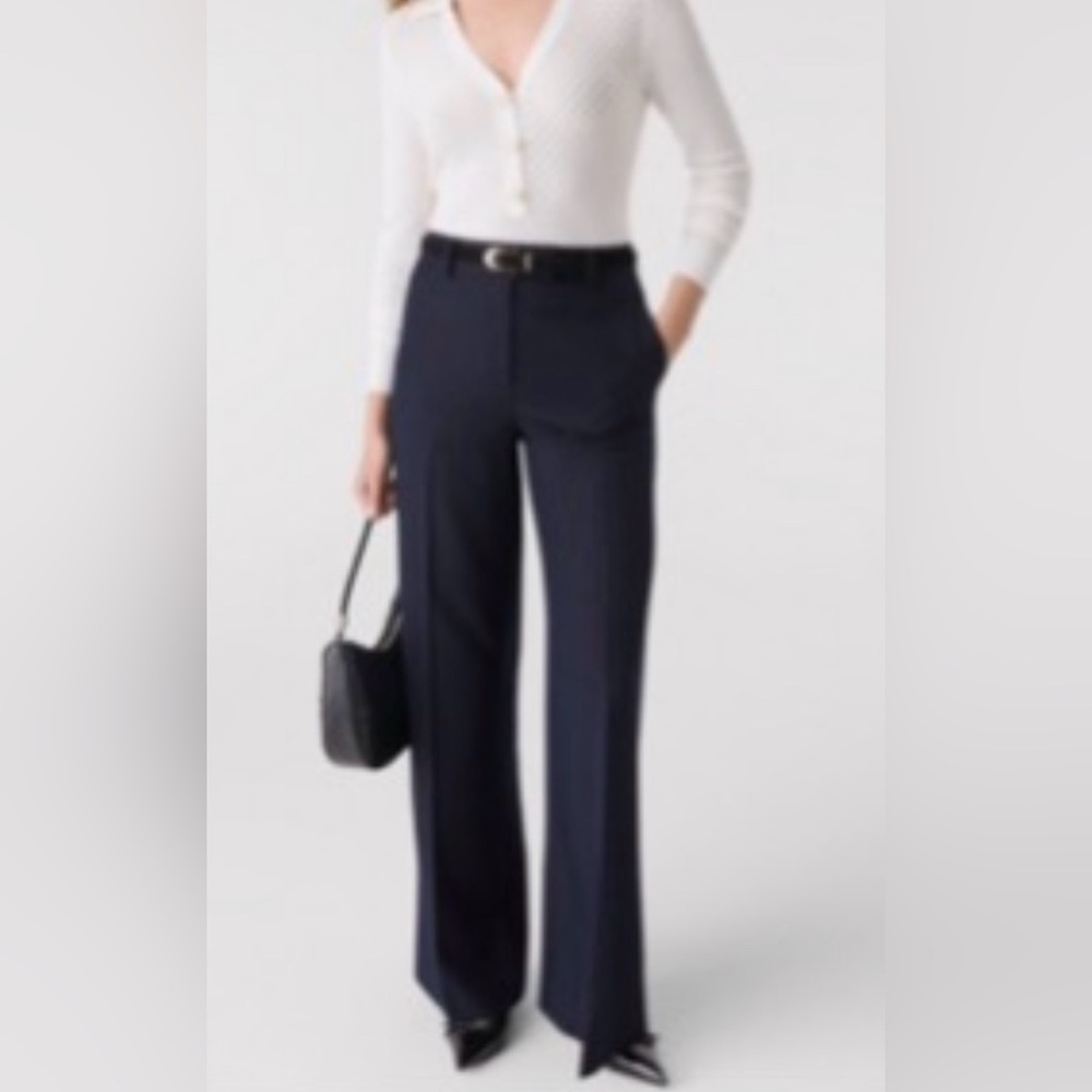 Petite Navy Dotted Wide Leg Flare Trousers